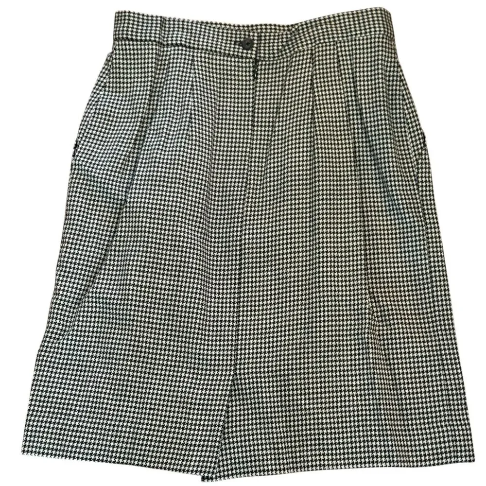 Vtg Lands End Direct Merchants 100% Wool Black White Pencil Skirt with Pockets
